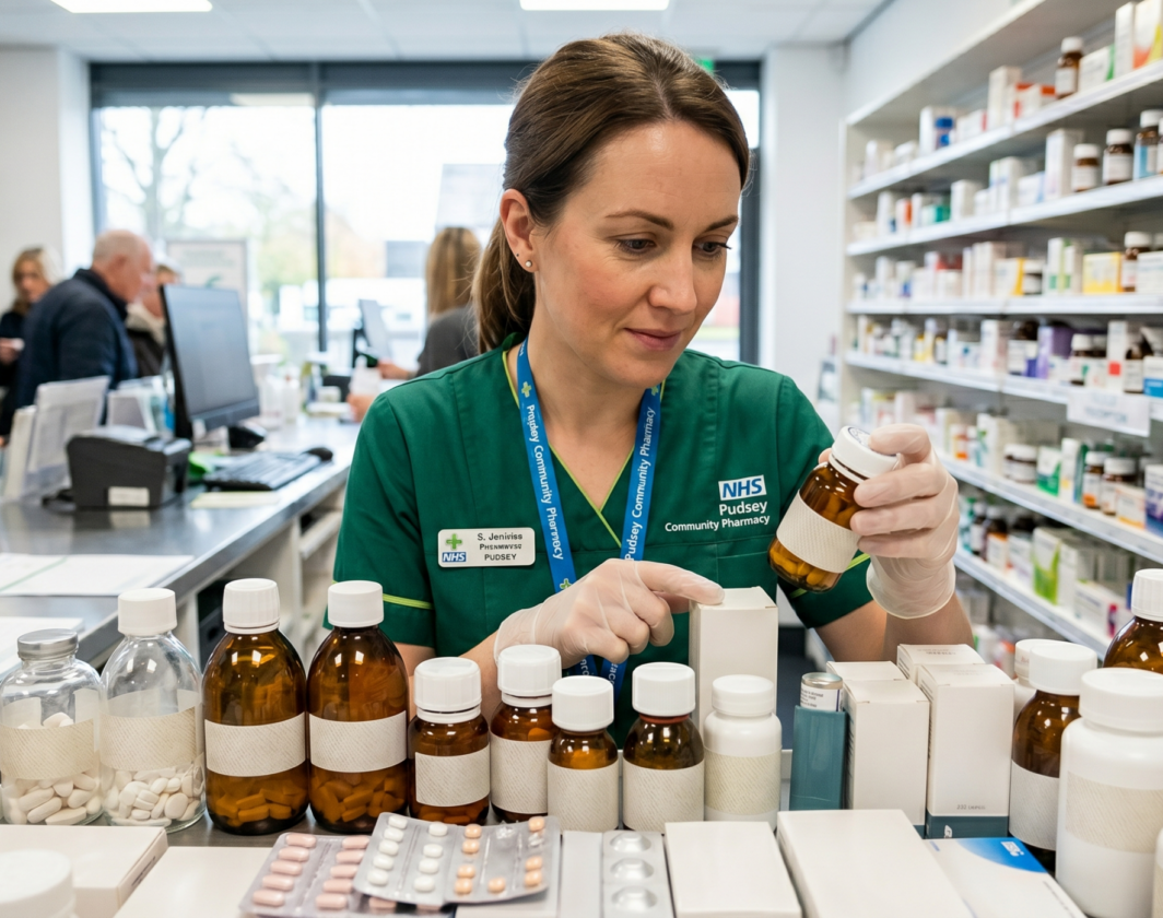 Pharmacist looking at packages of medicine