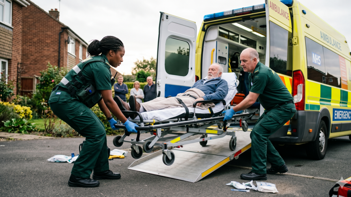 Paramedics lifting patient into ambulance